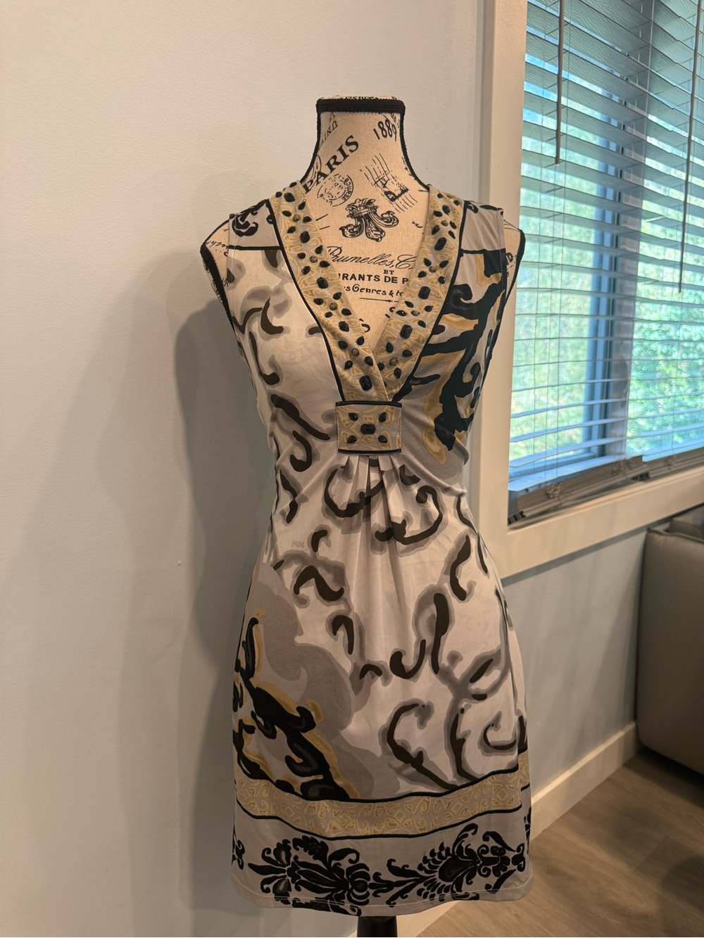 Hale Bob Cream, Black & Gold V‑Neck Printed Sheath Dress